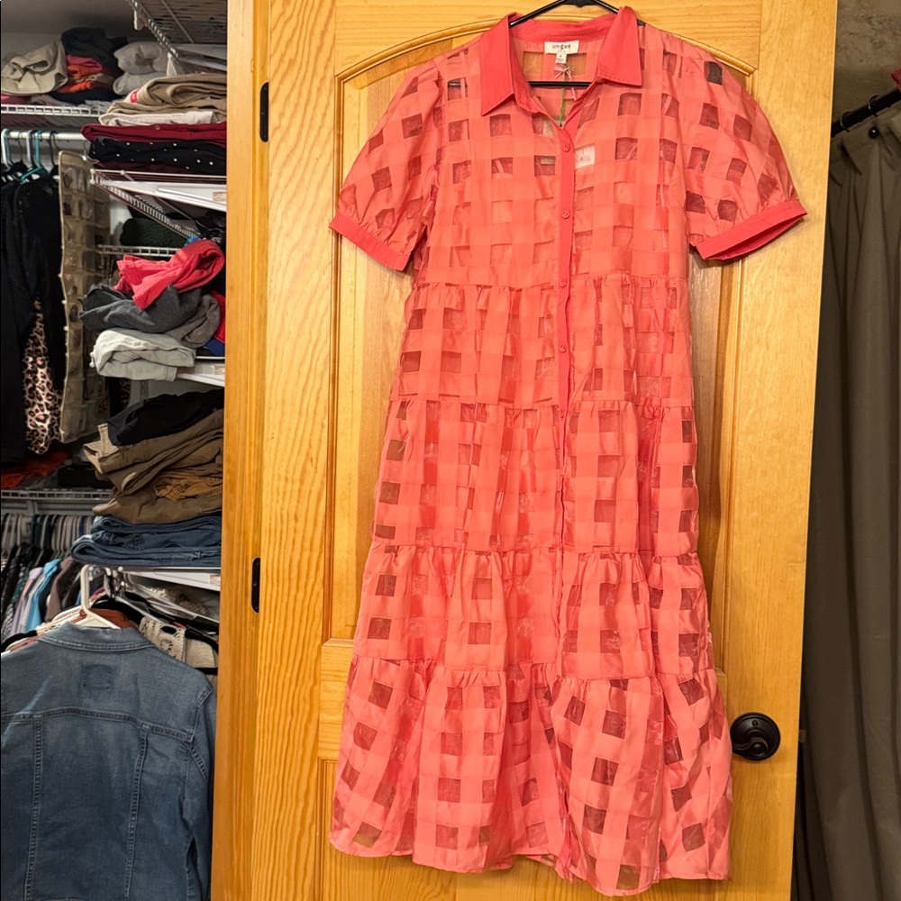 Umgee Coral Checkered Dress - Picture 2 of 3